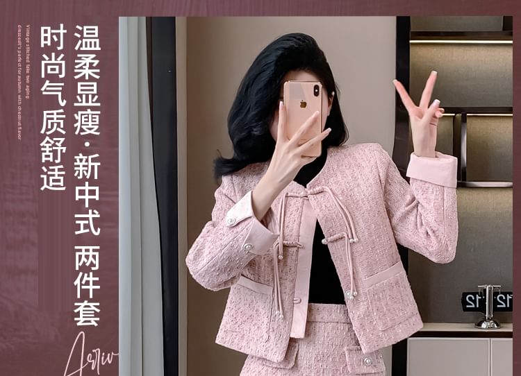 Set: Band Collared Tweed Knot Button Jacket + High Waist Plain Mini A-Line Skirt