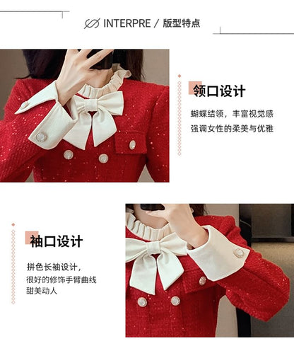 Long Sleeve Stand Collar Bowknot Tweed Mini Pleated A-Line Dress