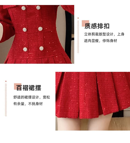 Long Sleeve Stand Collar Bowknot Tweed Mini Pleated A-Line Dress