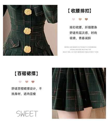 Long Sleeve Stand Collar Bowknot Plaid Pleated Mini A-Line Dress