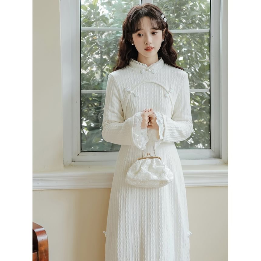 Long Sleeve Stand Collar Plain Lace Trim Ribbed Knitted Midi A-Line Dress