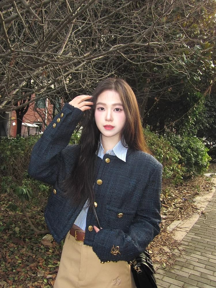 Round Neck Plaid Tweed Button Jacket / Collared Striped Button Shirt / High Waist Plain Midi A-Line Skirt / Set