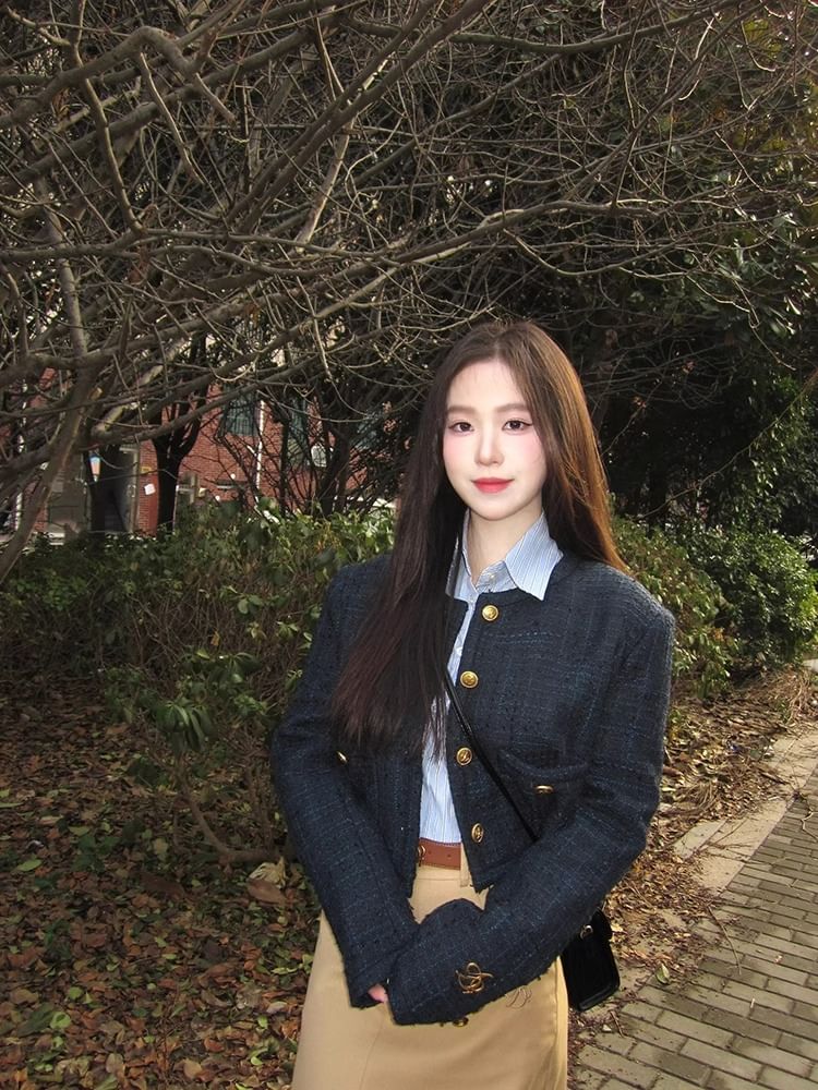 Round Neck Plaid Tweed Button Jacket / Collared Striped Button Shirt / High Waist Plain Midi A-Line Skirt / Set