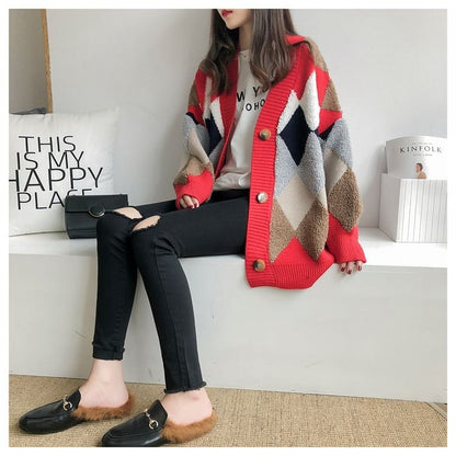 Oversized Argyle V-Neck Cardigan in 5 Colors