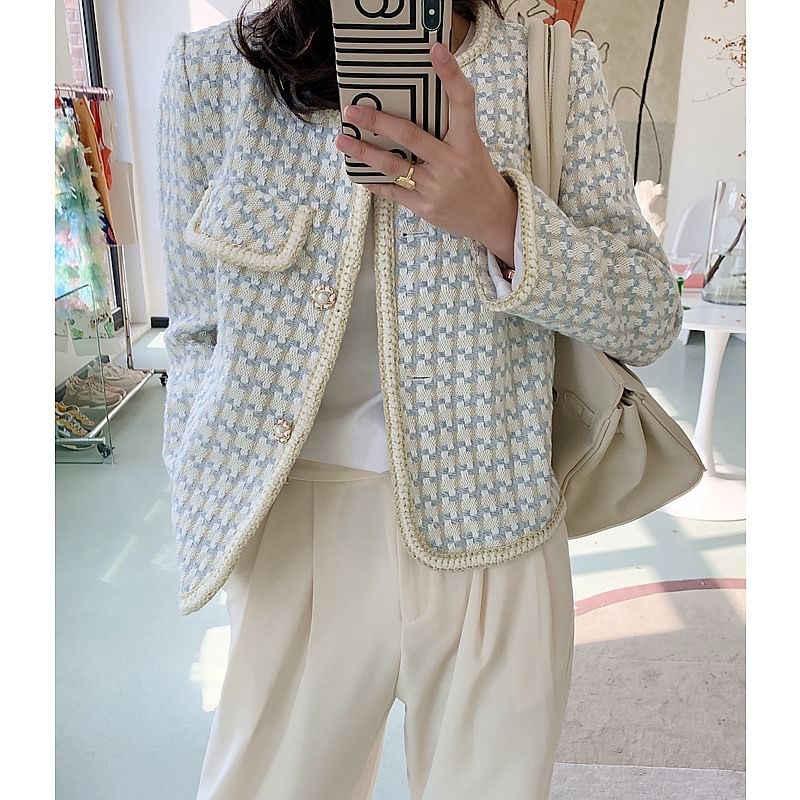 Round Neck Houndstooth Tweed Button Cropped Jacket
