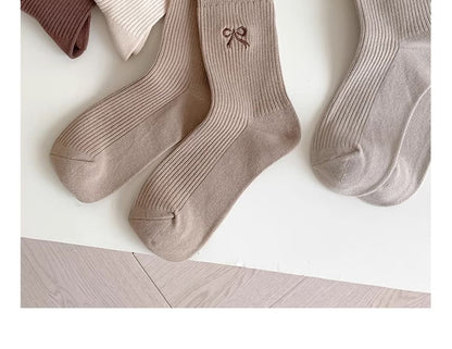 Bow Embroidered Ribbed Short Socks Set