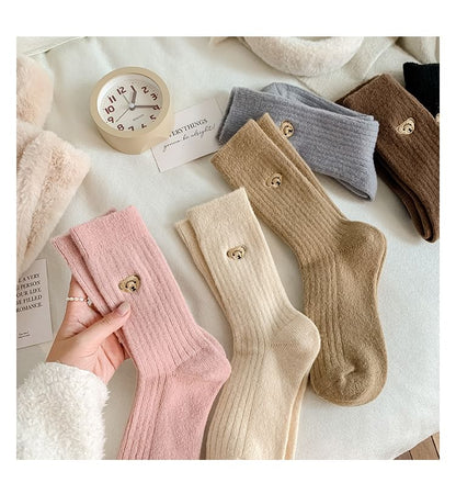 Bear Embroidered Ribbed Short Socks Set