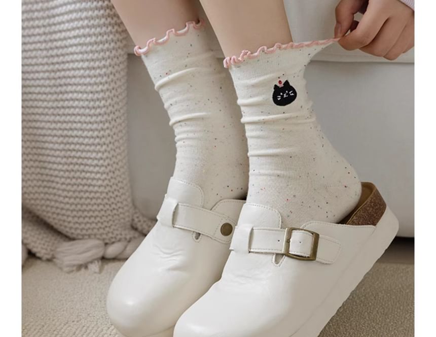 Animal Embroidered Melange Frill Short Socks Set