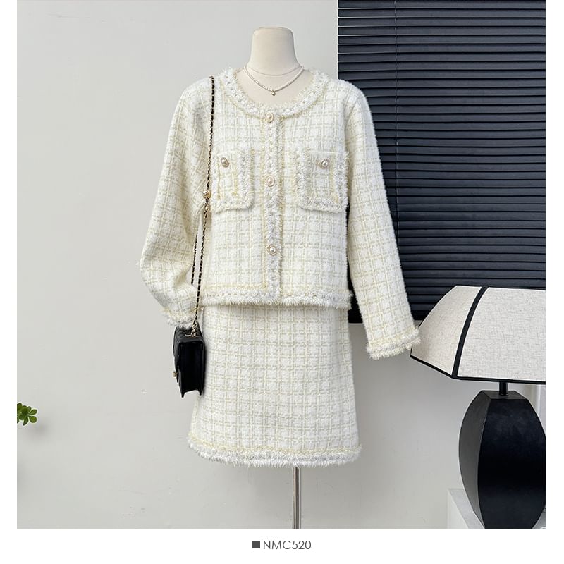 Set: Round-Neck Tweed Jacket + A-Line Skirt
