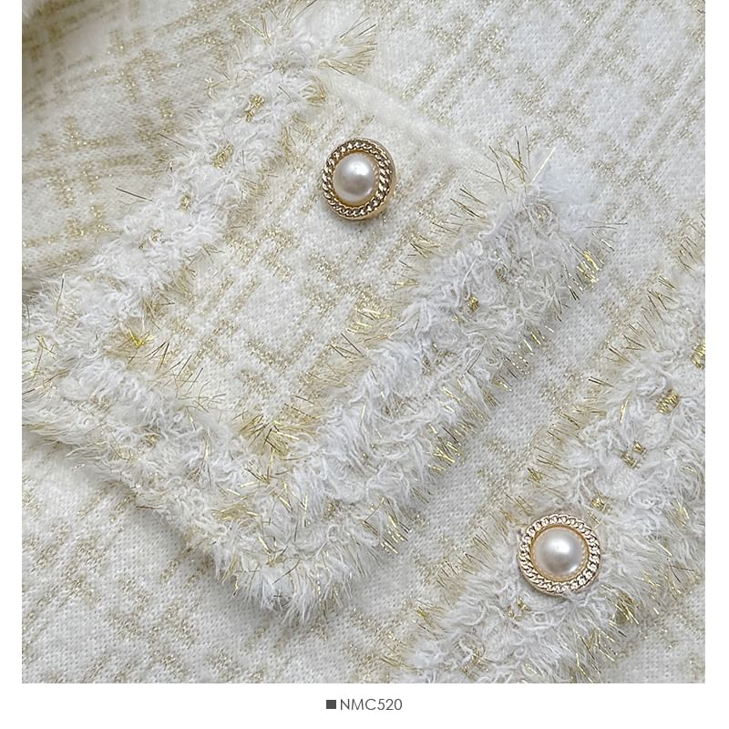 Set: Round-Neck Tweed Jacket + A-Line Skirt