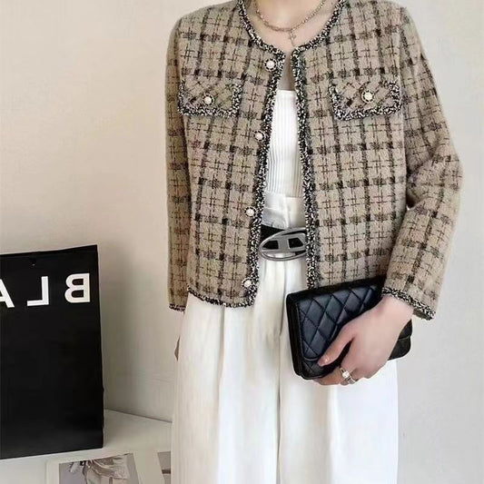 Crew Neck Plaid Tweed Button Jacket