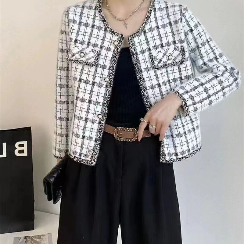 Crew Neck Plaid Tweed Button Jacket