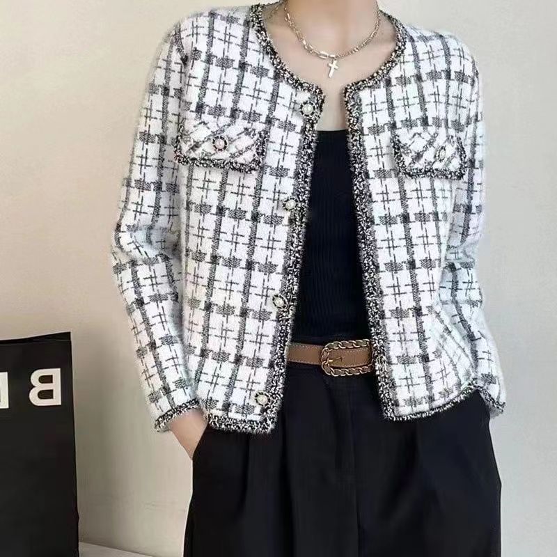Crew Neck Plaid Tweed Button Jacket
