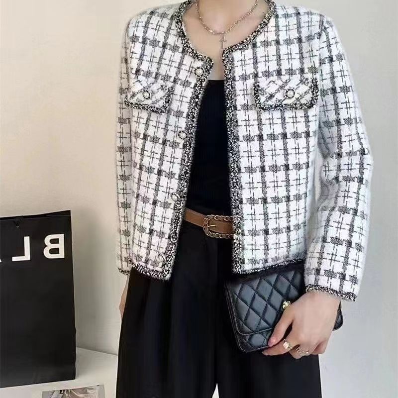 Crew Neck Plaid Tweed Button Jacket