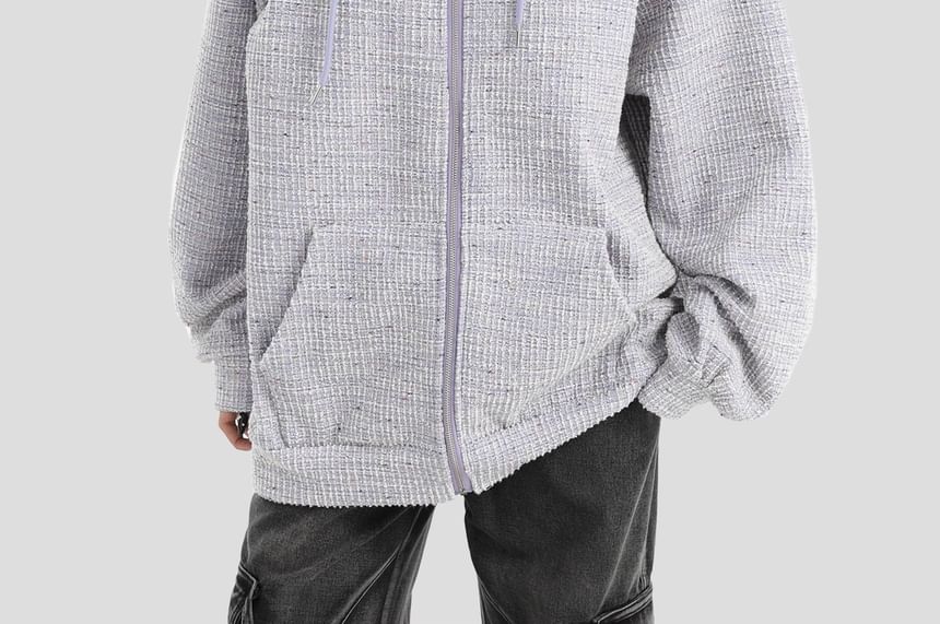 Couple Matching Hood Fleece-Lined Tweed Zip Jacket