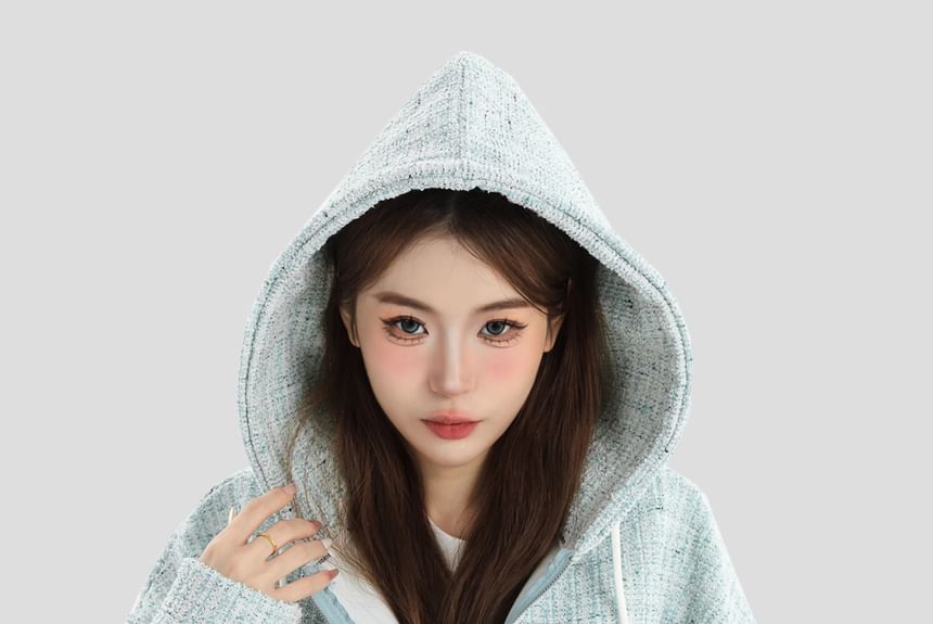 Couple Matching Hood Fleece-Lined Tweed Zip Jacket