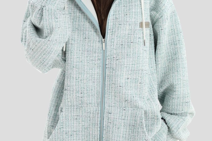 Couple Matching Hood Fleece-Lined Tweed Zip Jacket