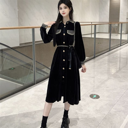 Long Sleeve Collared Plaid Button Panel Velvet Midi A-Line Dress