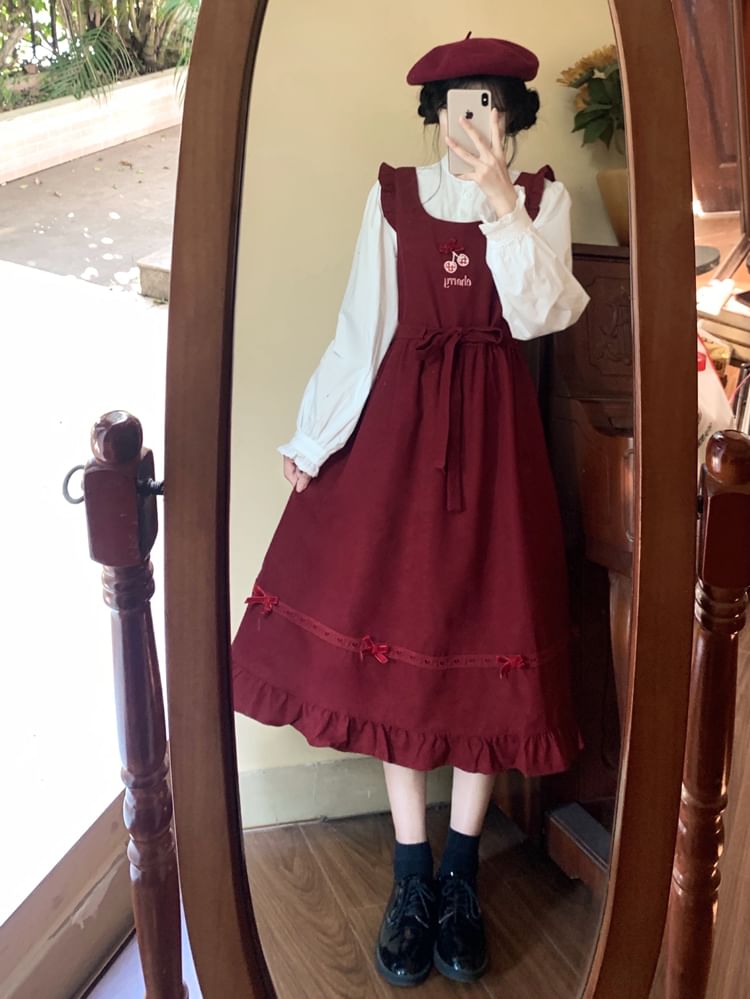 Long Sleeve Stand Collar Plain Frill Blouse / Cherry Embroidered Bow Ruffle Midi A-Line Overall Dress