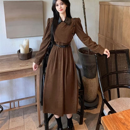 Long Sleeve Contrast Collar Mock Two Piece Corduroy Midi A-Line Dress