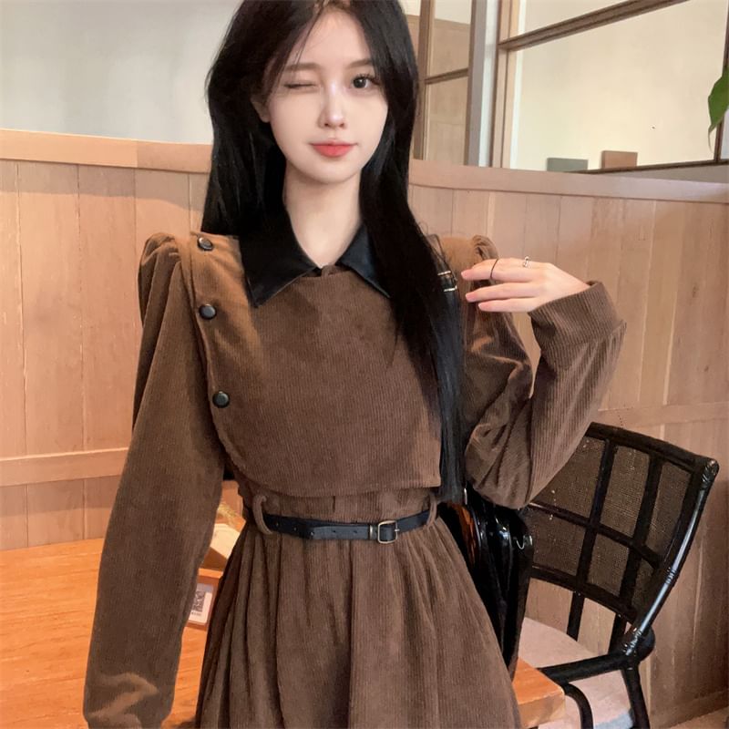 Long Sleeve Contrast Collar Mock Two Piece Corduroy Midi A-Line Dress