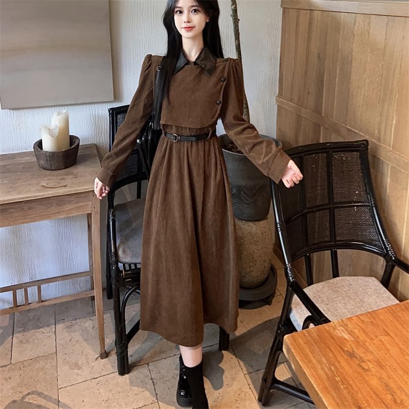 Long Sleeve Contrast Collar Mock Two Piece Corduroy Midi A-Line Dress