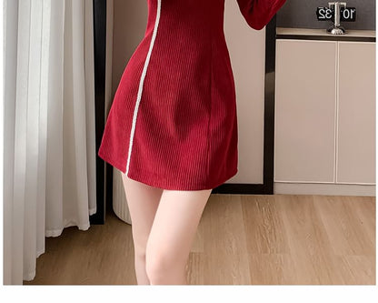 Long-Sleeve Stand Collar Contrast Trim Frog Buttoned Corduroy Mini A-Line Dress