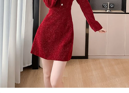 Long-Sleeve Stand Collar Glitter Button Accent Contrast Frill Trim Mini A-Line Dress