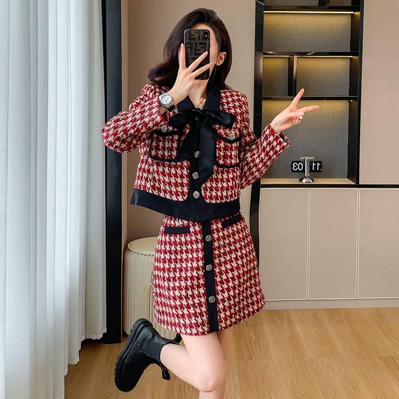 Set: Collared Houndstooth Contrast Trim Button-Up Tweed Crop Jacket + High Rise Mini A-Line Skirt