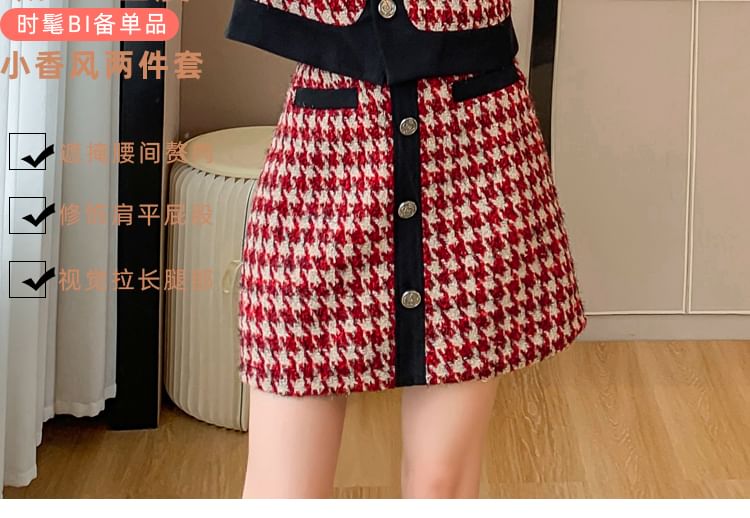 Set: Collared Houndstooth Contrast Trim Button-Up Tweed Crop Jacket + High Rise Mini A-Line Skirt