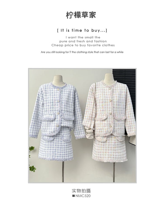 Set: Frayed Crew-Neck Tweed Jacket + Mini Skirt