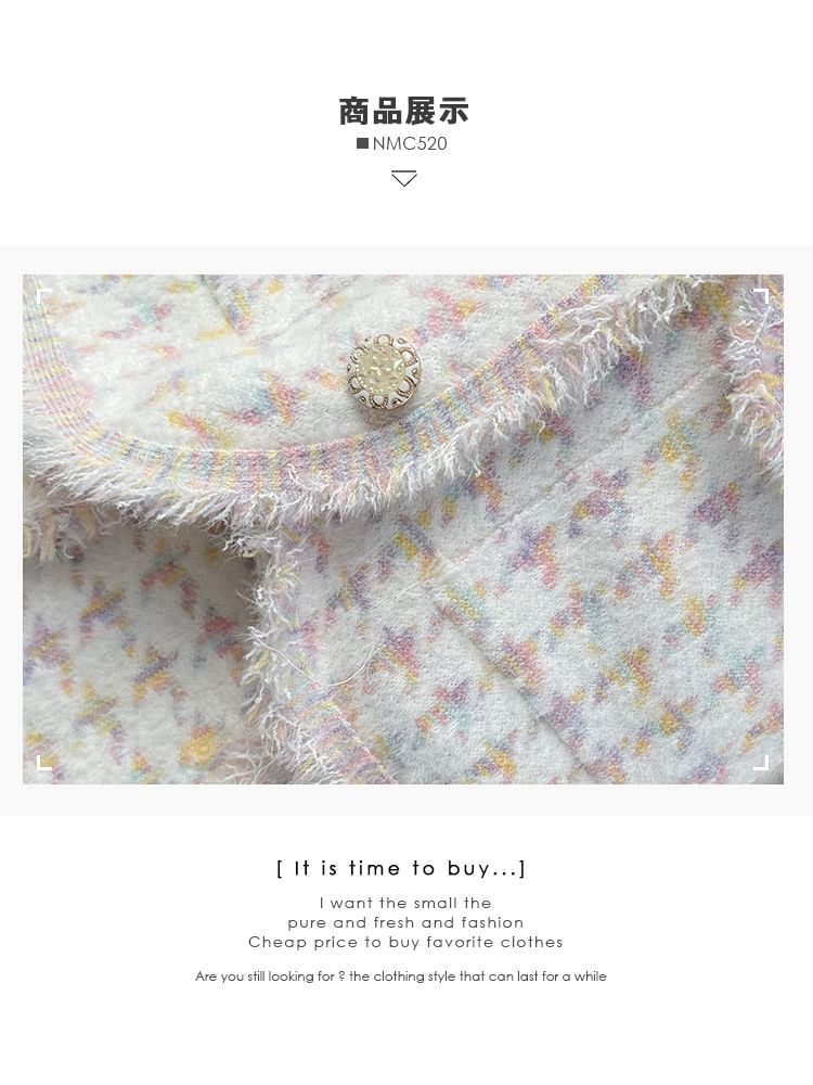 Set: Frayed Crew-Neck Tweed Jacket + Mini Skirt