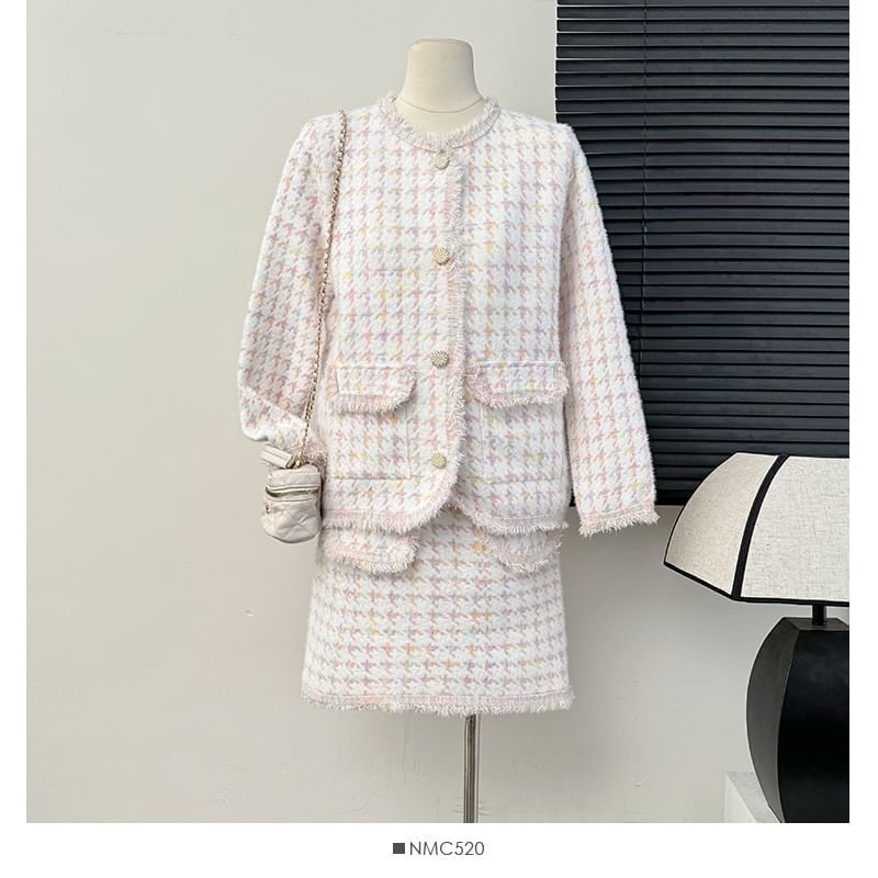Set: Frayed Crew-Neck Tweed Jacket + Mini Skirt
