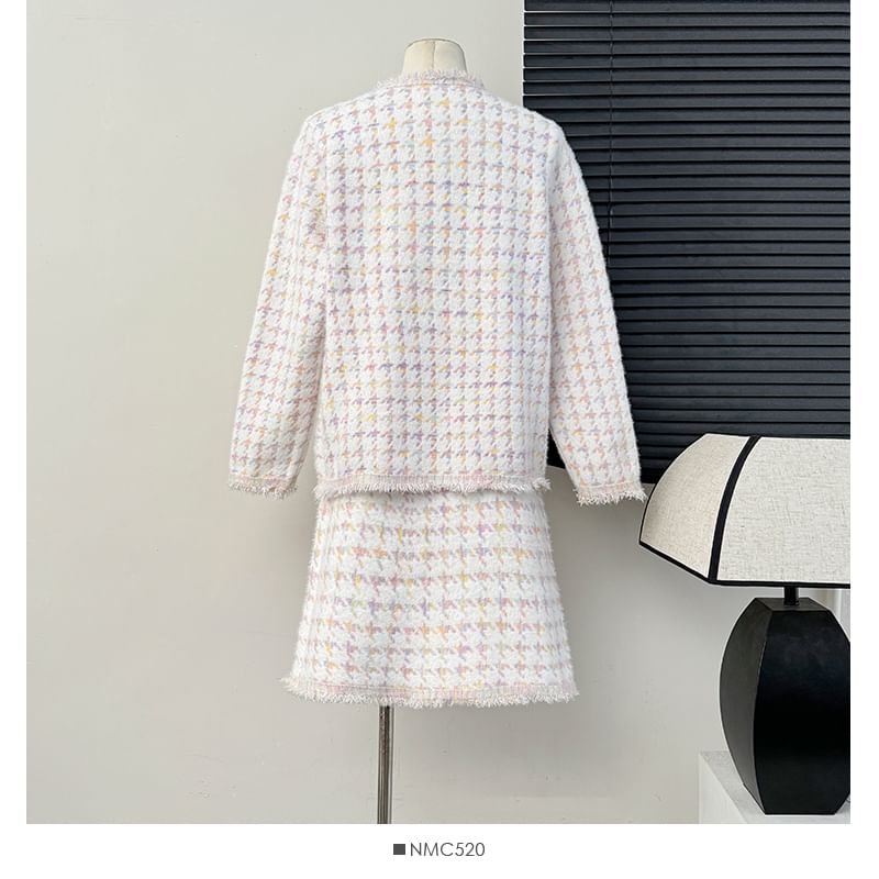 Set: Frayed Crew-Neck Tweed Jacket + Mini Skirt