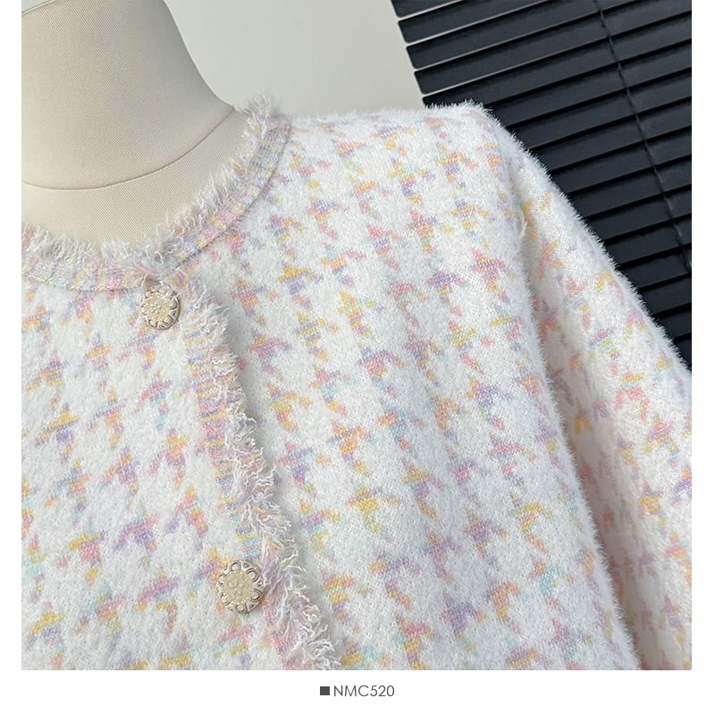 Set: Frayed Crew-Neck Tweed Jacket + Mini Skirt