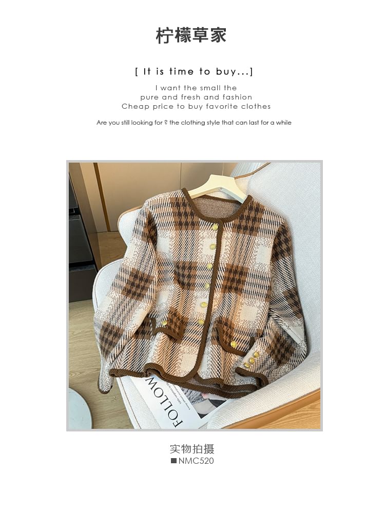 Plaid Round-Neck Wool Jacket