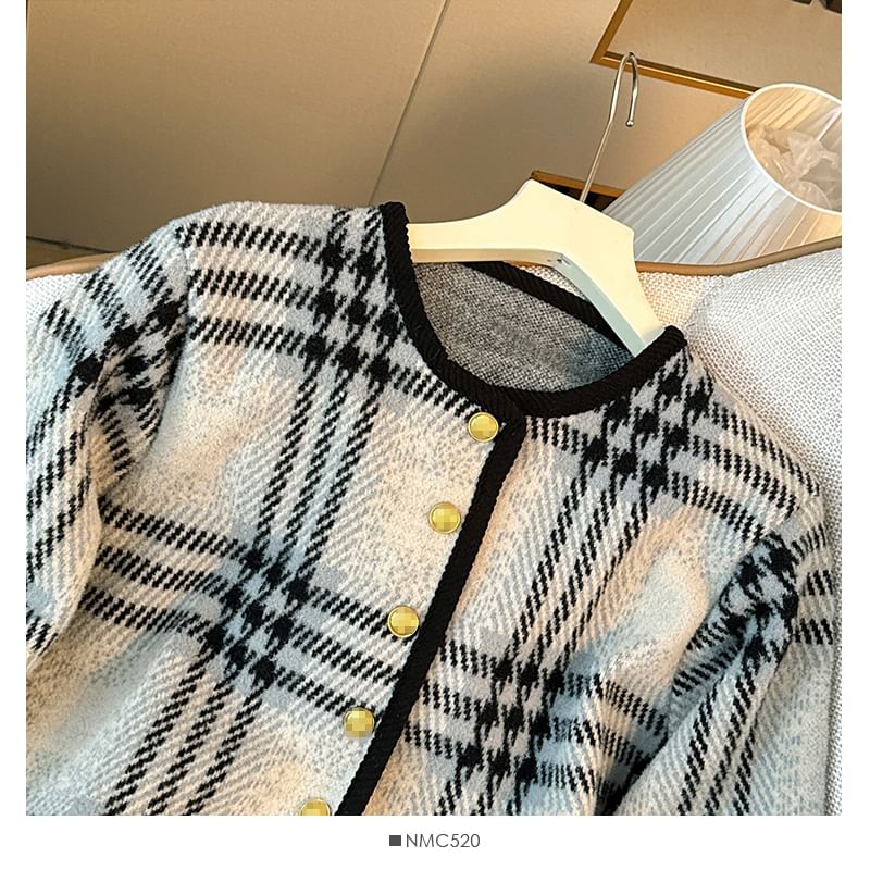 Plaid Round-Neck Wool Jacket