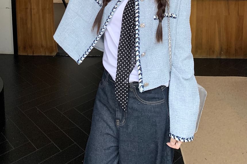 Round Neck Contrast Trim Tweed Crop Button Jacket