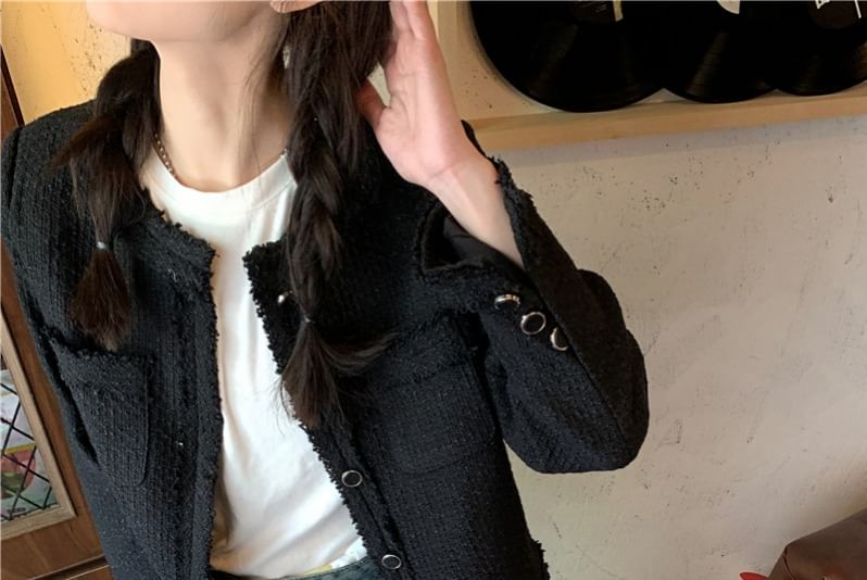 Round Neck Plain Tweed Button Jacket