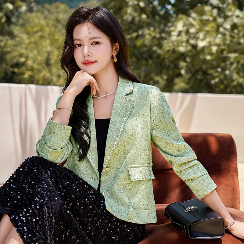 Lapel Collared Tweed Single Breasted Blazer