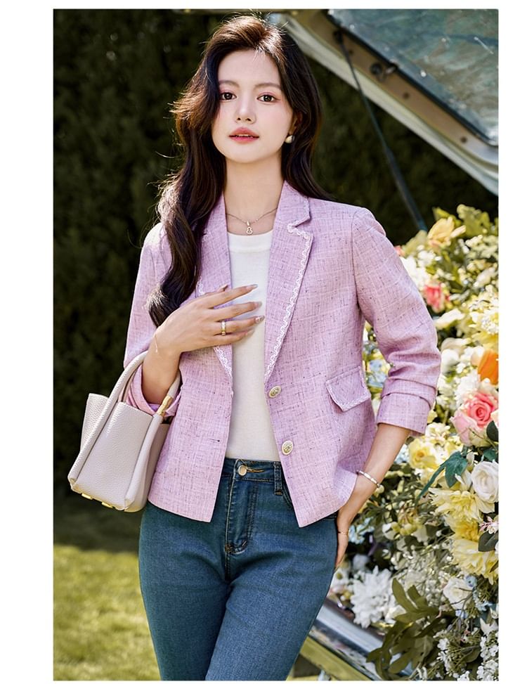 Lapel Collared Tweed Single Breasted Blazer