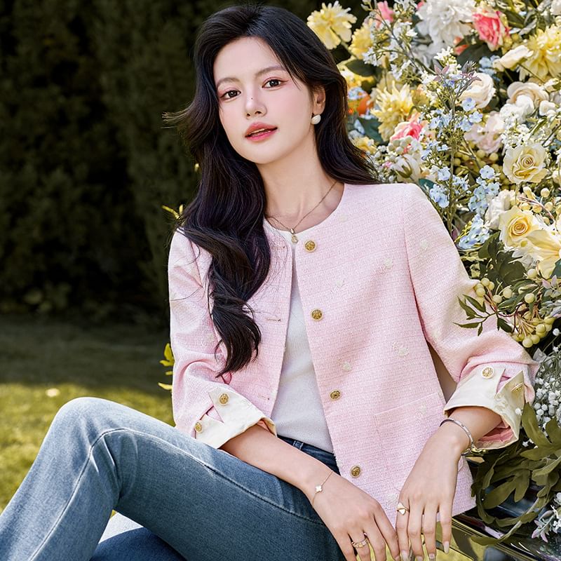 Round Neck Plain Tweed Cropped Button Jacket