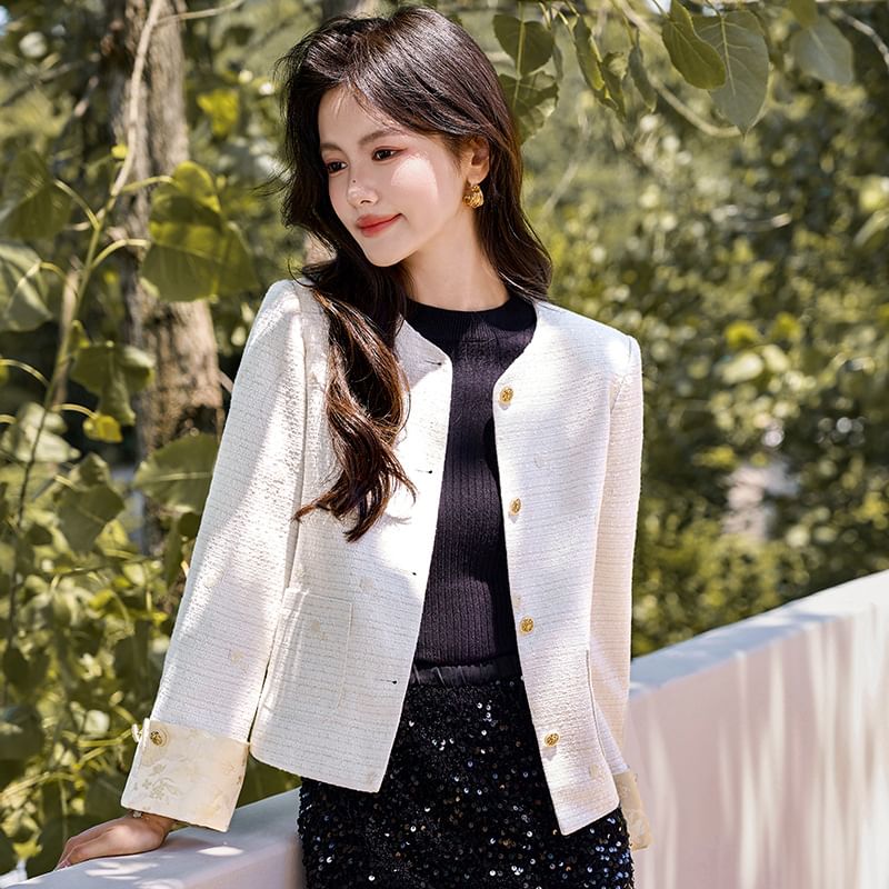 Round Neck Plain Tweed Cropped Button Jacket