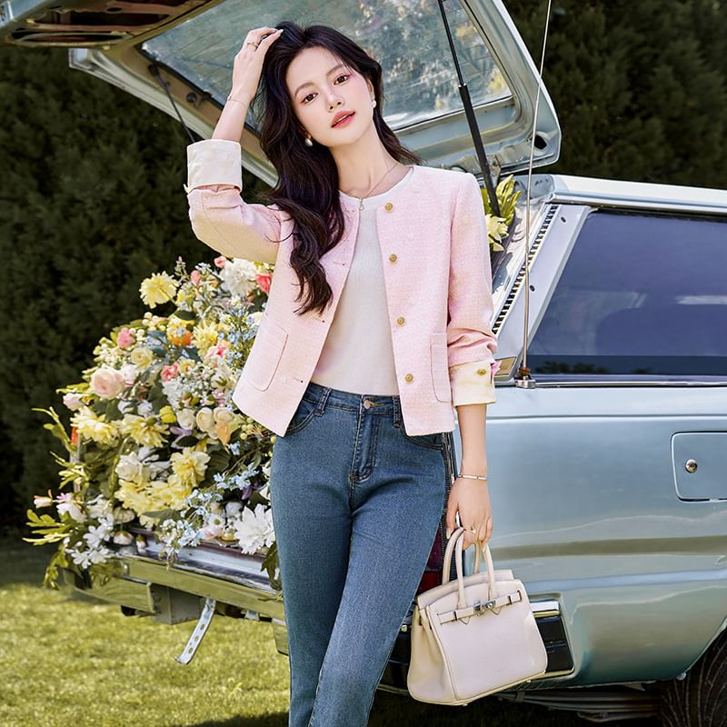 Round Neck Plain Tweed Cropped Button Jacket