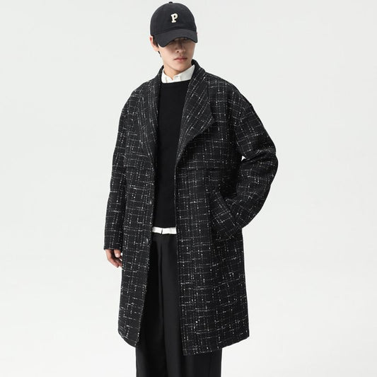 Collared Tweed Button-Up Long Coat