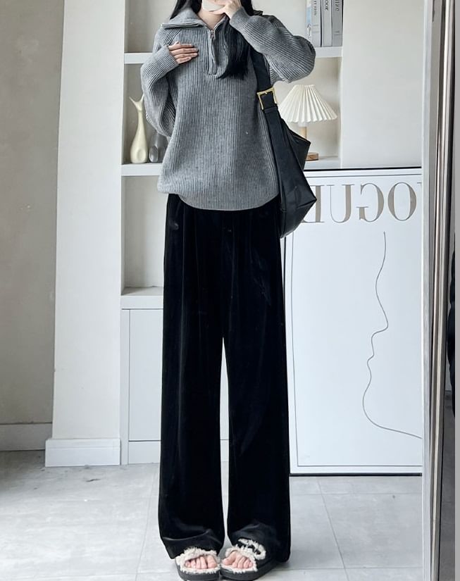 Velvet High Waist Elastic Waist Drape Wide Leg Pants