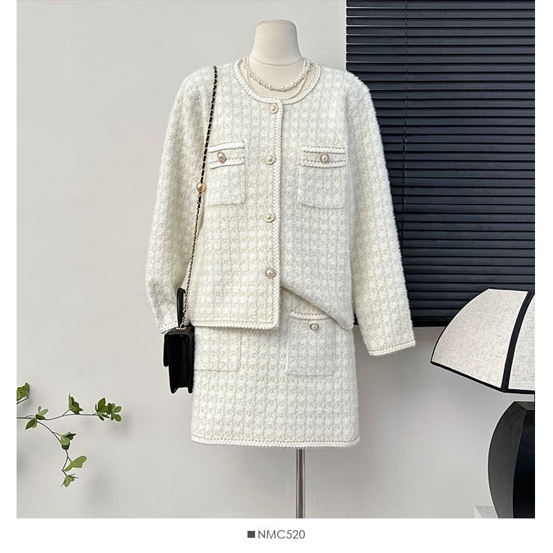 Set: Crew-Neck Tweed Jacket + Mini Skirt