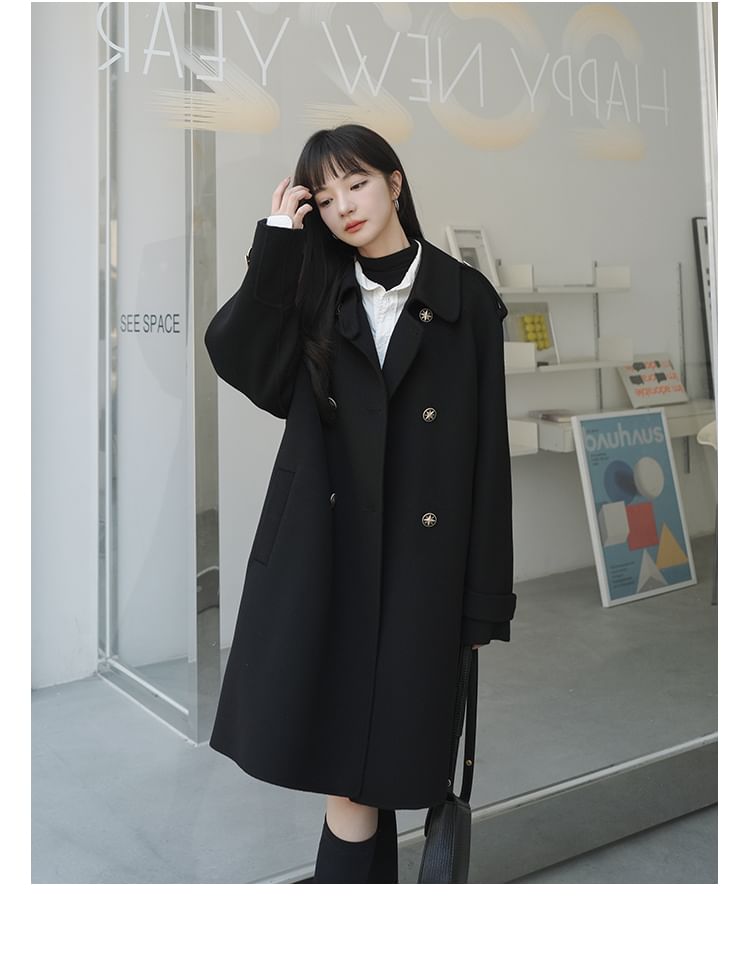 Plain Long Double-Breasted Coat