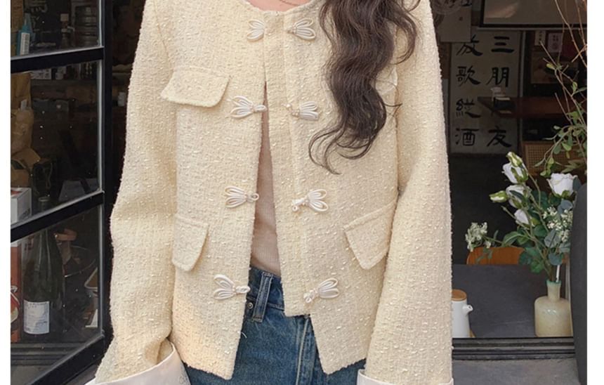 Plain Applique Tweed Single-Breasted Jacket