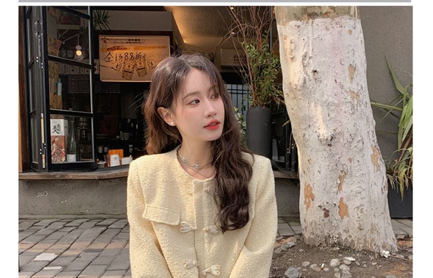 Plain Applique Tweed Single-Breasted Jacket